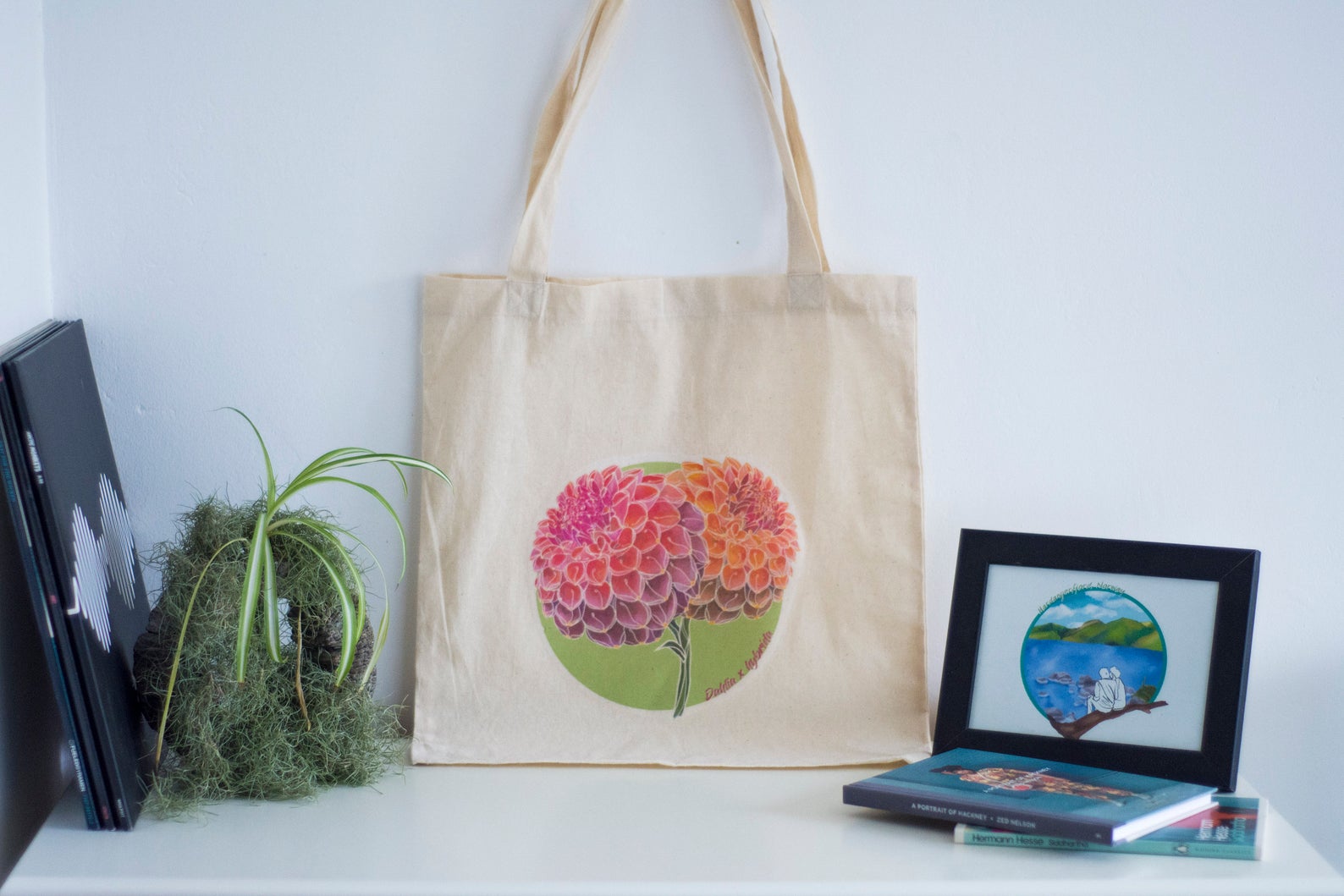 tote bag with dahlia design by aquacletas